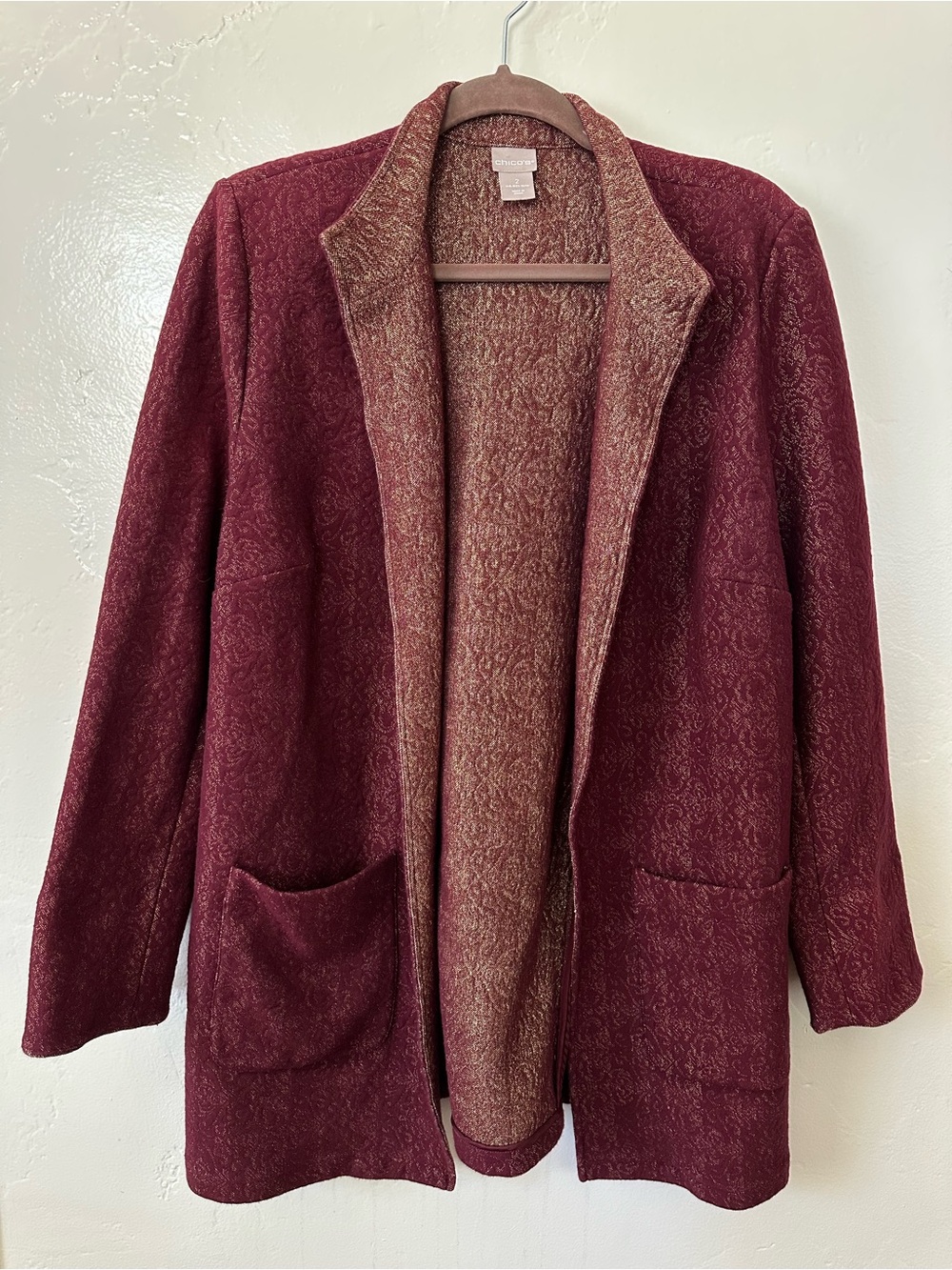 Chico's Metallic Floral Brocade Cardigan Jacket Burgundy Red Size 2 US 12/14
